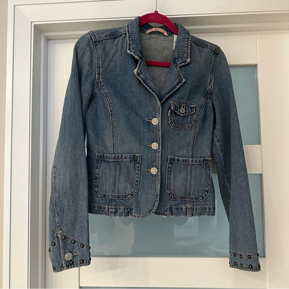 Vintage Levi’s Y2K Studded Distressed Denim Jean Blazer Jacket Cotton Sz…